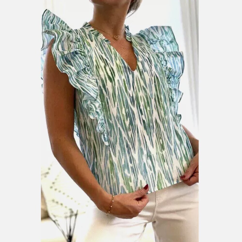 Anthropologie‎ WILLA STORY Small Christina Top Mint Blue White Ruffle Sleeve